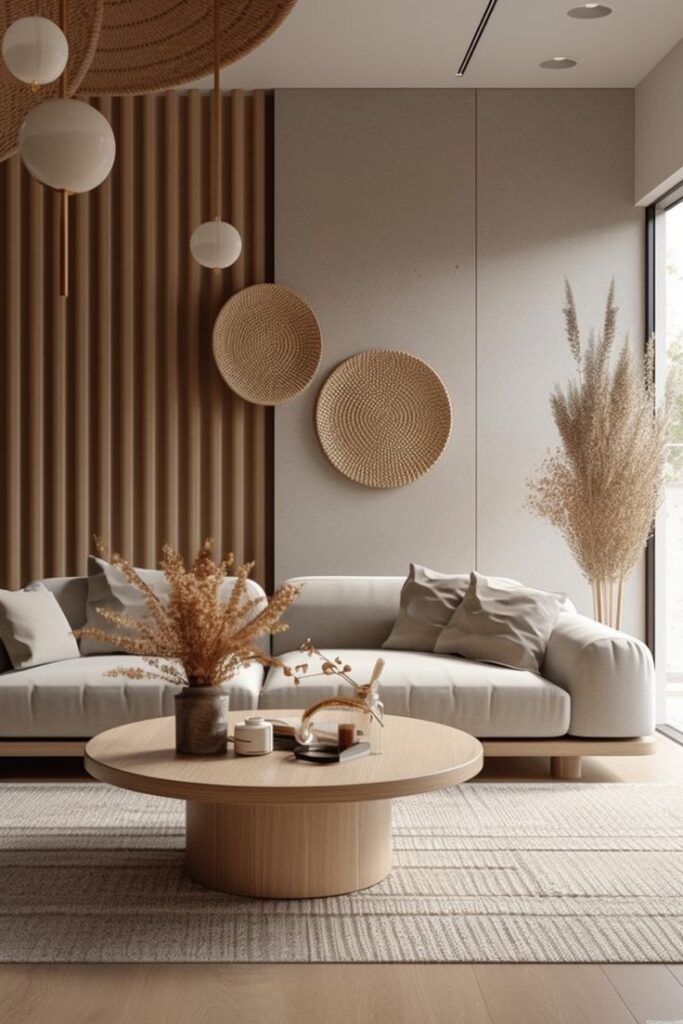 Minimalist living room with cozy sofa, wooden table, decorative baskets, and pampas grass, creating a serene atmosphere.