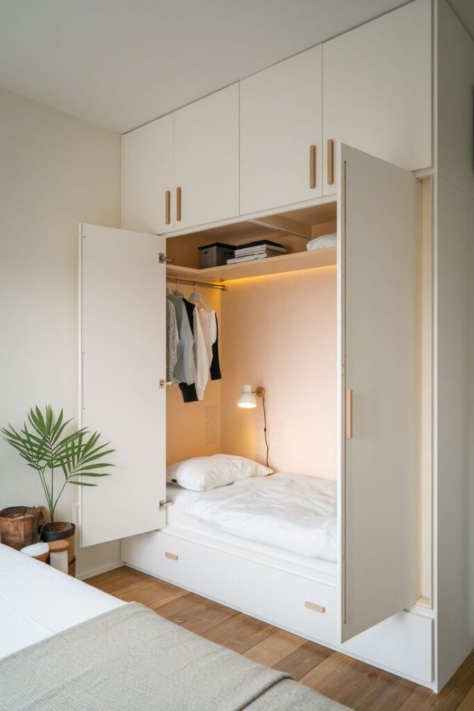 Cozy built-in bed in a minimalist wardrobe with clothes storage and warm lighting. Ideal space-saving bedroom solution.
