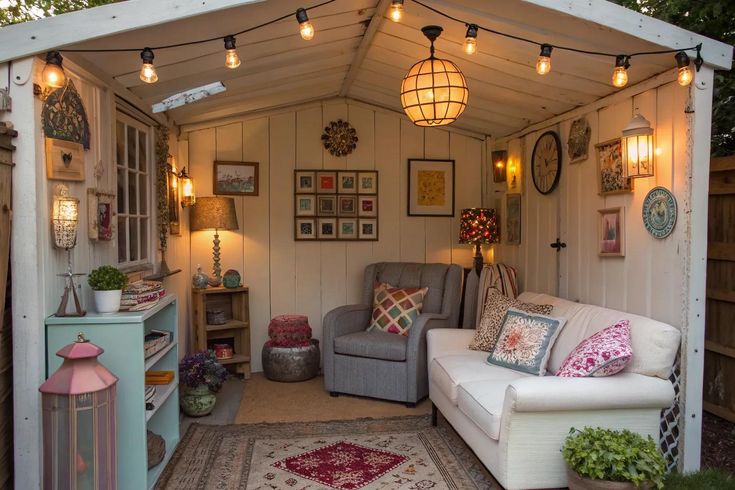 Cozy garden shed with string lights, armchair, sofa, colorful pillows, and eclectic wall decor for a relaxing retreat.
