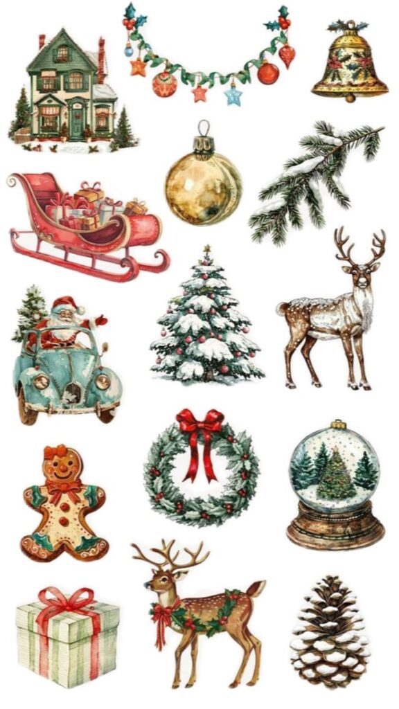 19ec53c0-4ee5-42f9-be1b-639f8d5d0e91 Christmas-themed illustrations: house, garland, bell, sleigh, car, tree, deer, snow globe, wreath, gingerbread, present, pinecone. | Sky Rye Design Christmas-themed illustrations: house, garland, bell, sleigh, car, tree, deer, snow globe, wreath, gingerbread, present, pinecone.