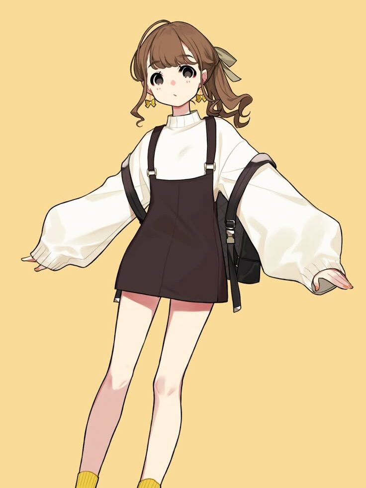 1a73f444-2c84-434b-b61c-3588abecad14 Anime girl with brown hair wearing a white blouse, brown pinafore dress, and yellow socks on a beige background. | Sky Rye Design Anime girl with brown hair wearing a white blouse, brown pinafore dress, and yellow socks on a beige background.