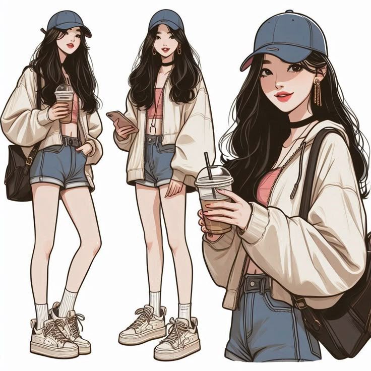 1a97a196-c3be-4f33-9f47-403c71b11218 Anime girl wearing a casual outfit with a cap and holding a drink, showcasing trendy fashion style. | Sky Rye Design Anime girl wearing a casual outfit with a cap and holding a drink, showcasing trendy fashion style.