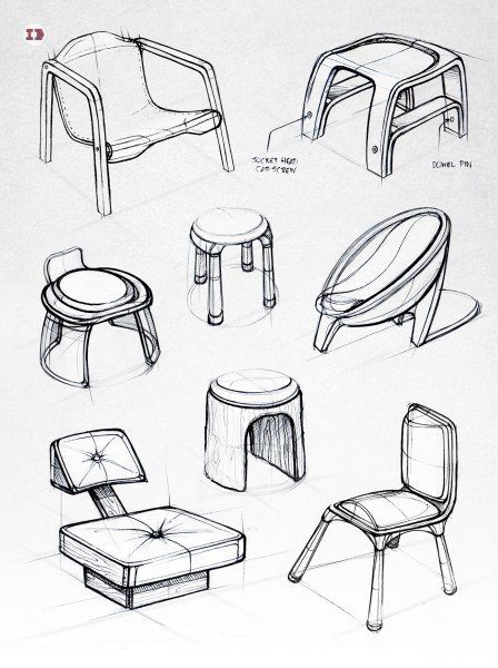 1b1990f8-bfa2-4218-b19e-fa09fc1d4846 Sketches of modern chair designs showcasing various styles and forms on a white background. | Sky Rye Design Sketches of modern chair designs showcasing various styles and forms on a white background.