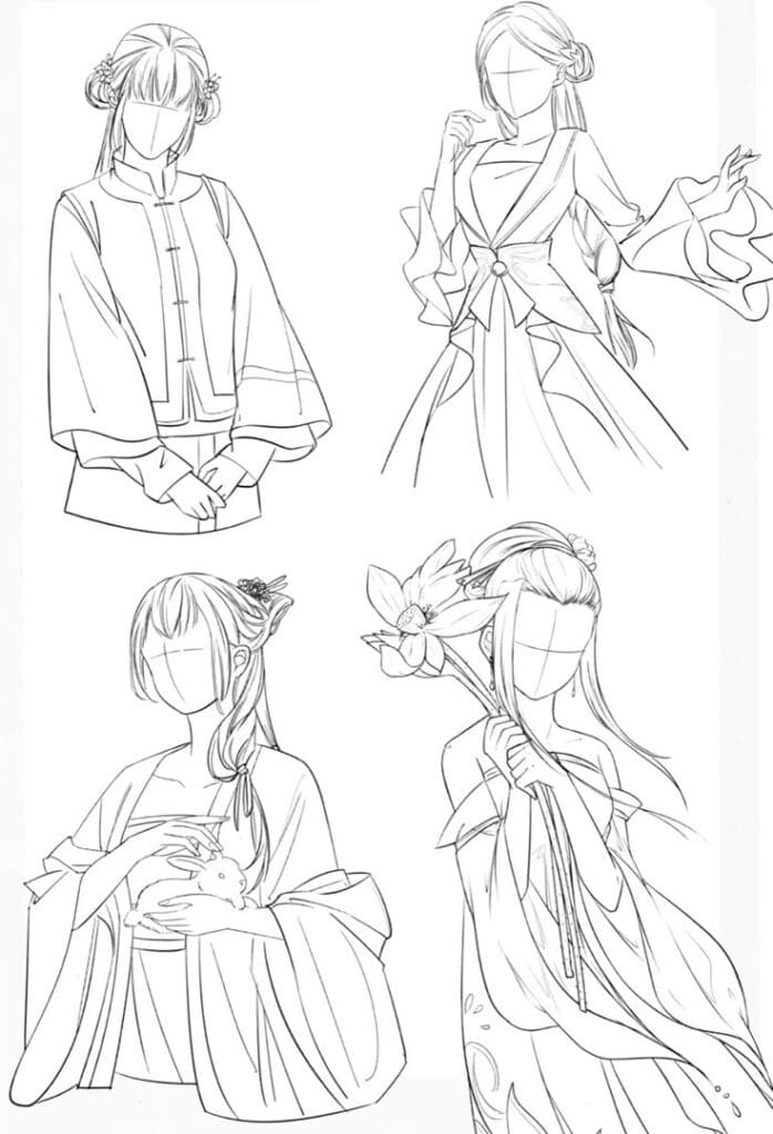 Line art of four characters in traditional Asian attire, each in different poses and elegant hairstyles.