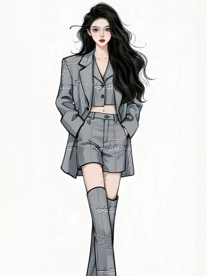 1b3a0905-6589-4ebf-88ce-3428952f1470 Fashion illustration of a woman in gray tailored suit with high boots, long dark hair, and modern style. | Sky Rye Design Fashion illustration of a woman in gray tailored suit with high boots, long dark hair, and modern style.