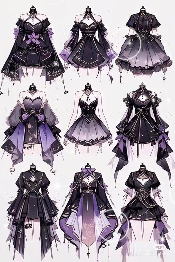 Elegant fantasy dresses with purple and black hues, featuring intricate designs and embellishments on mannequins.