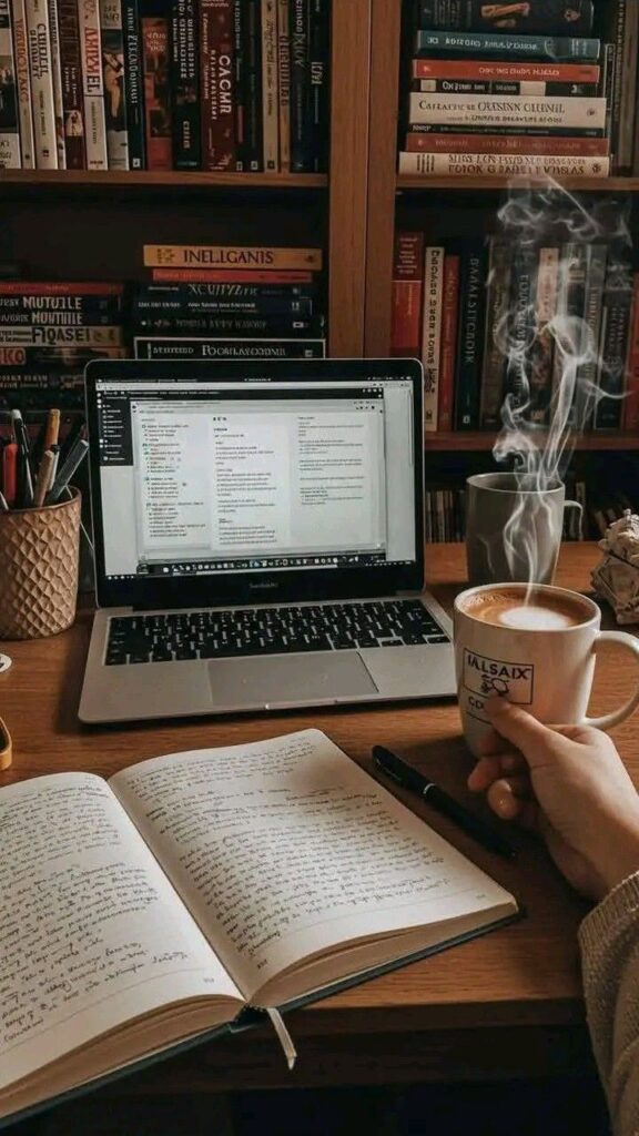 Laptop on desk with open book and steaming coffee mug in cozy, book-filled study.