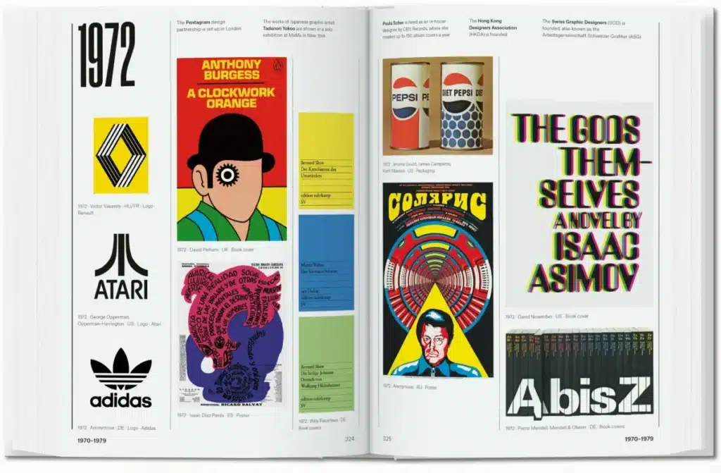 1970s graphic design spread with logos, posters, and book covers, featuring iconic art and brand imagery.