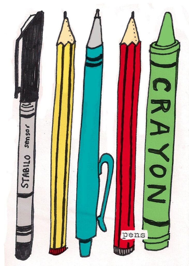 Illustration of a pen, pencil, and crayon in various colors and styles on a white background.