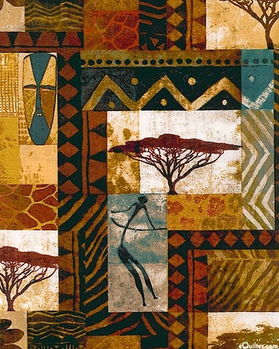 Patterned African-inspired textile with tribal figures, geometric shapes, and acacia trees in earthy tones.