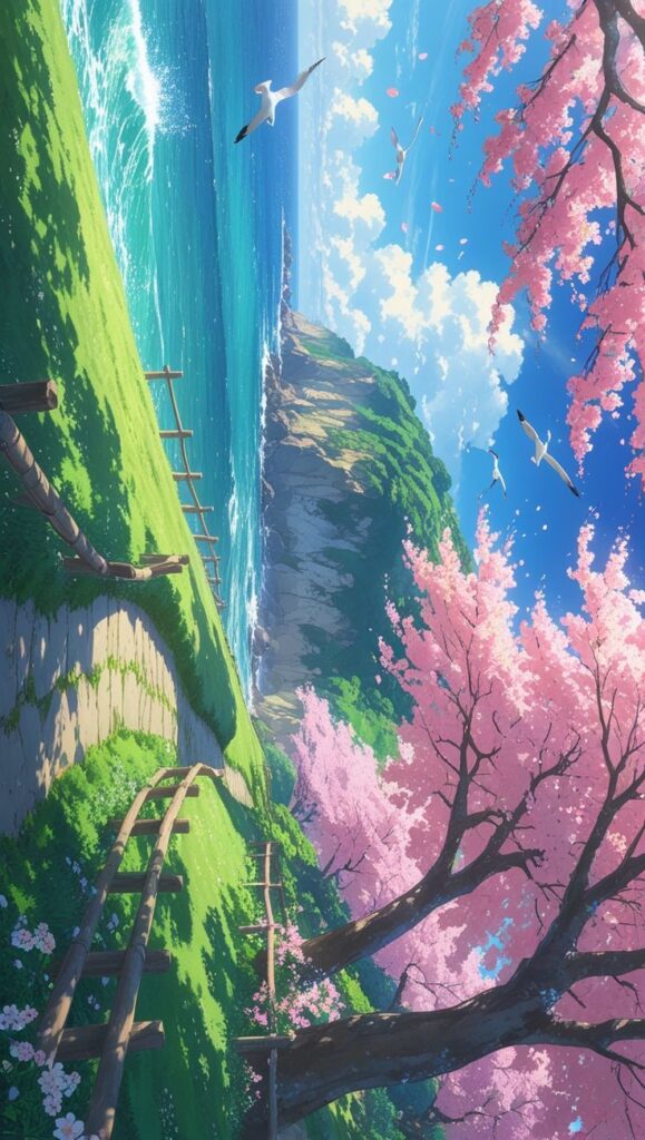 Anime landscape with cherry blossoms, seaside cliffs, and a path under a clear blue sky with flying birds.