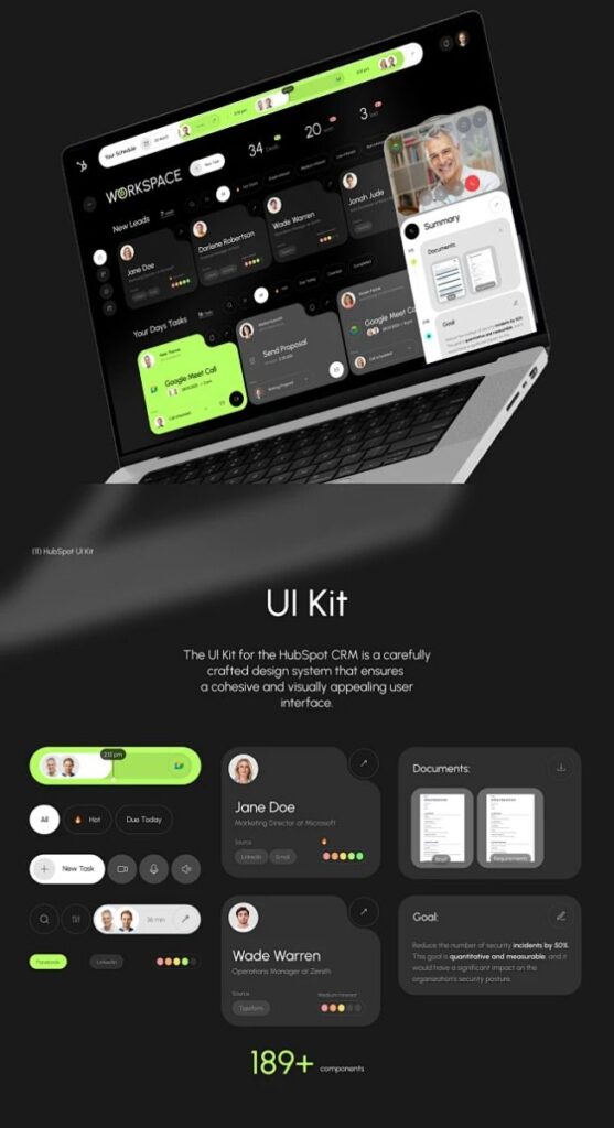 Laptop displaying HubSpot CRM UI Kit, showcasing a sleek and modern user interface with diverse components.