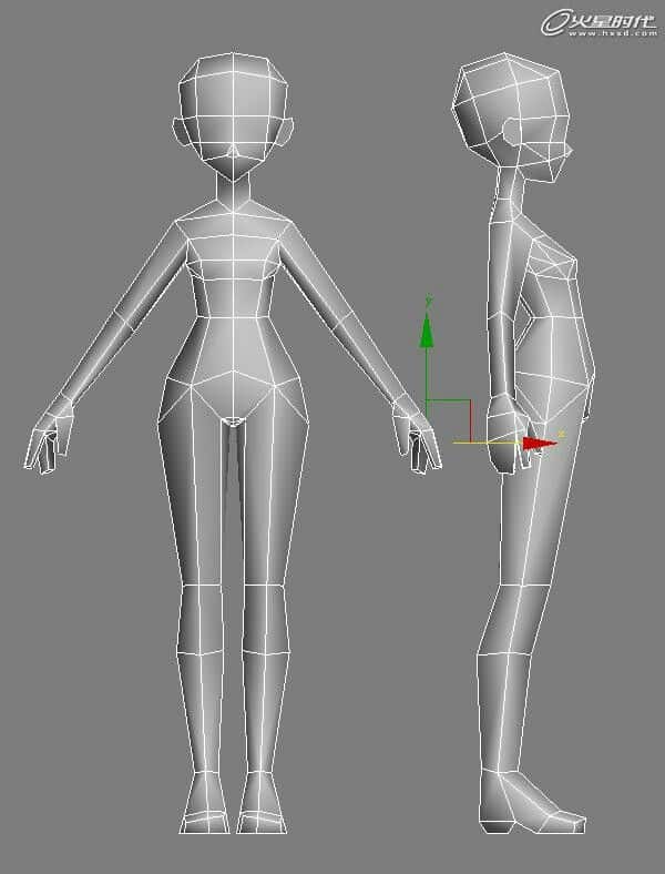 3D low-poly model of a human figure in front and side view, highlighting basic geometry shapes in gray.