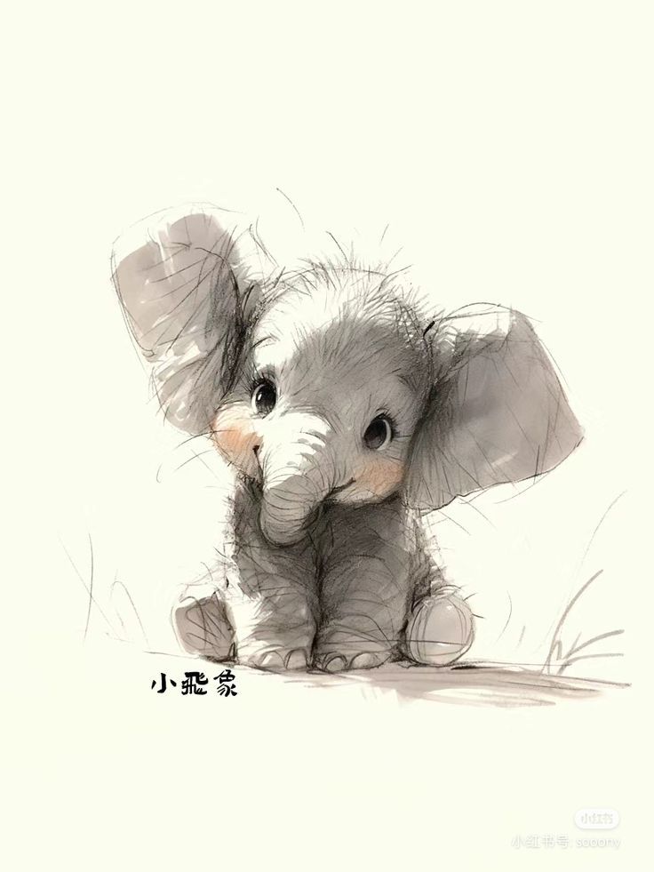Adorable baby elephant illustration with big ears and cute expression, sitting on the ground.