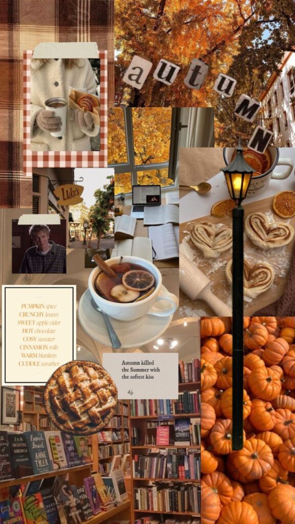 Autumn collage with fall leaves, hot drinks, books, cinnamon rolls, pumpkins, cozy sweaters, and warm fall vibes.