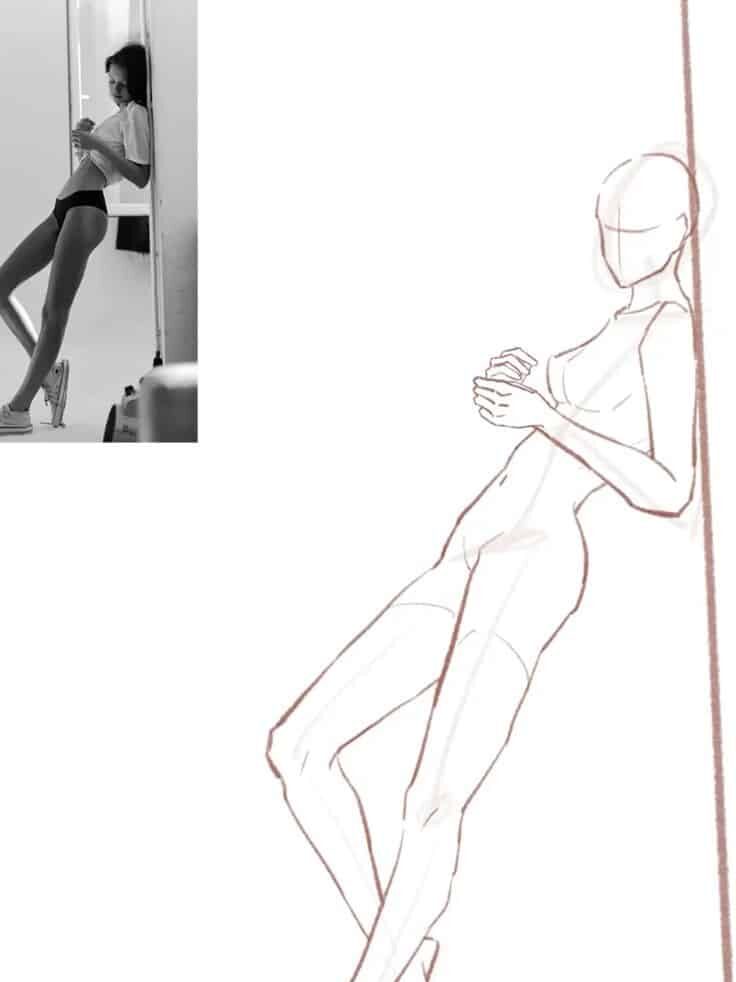 Sketch of a figure leaning against a wall, inspired by a black and white photo of a person in shorts and sneakers.