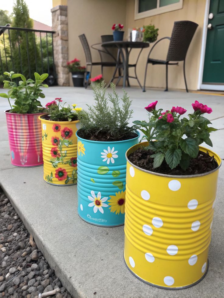 Colorful tin cans repurposed as flower pots, adding a charming touch to a patio with vibrant blooms and greenery.