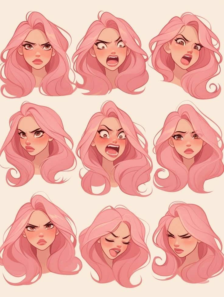Illustration of nine pink-haired cartoon characters displaying various angry expressions.