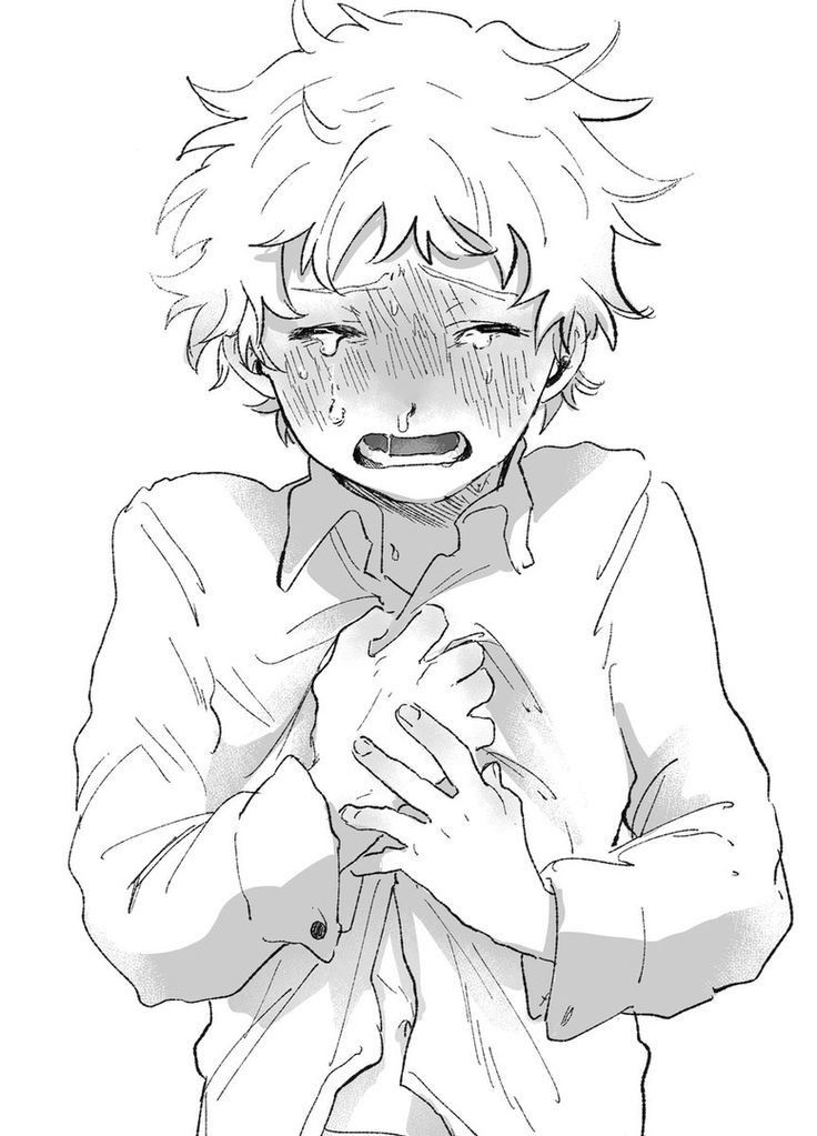 Crying anime character with hands on chest, expressing intense emotion. Black and white sketch illustration.