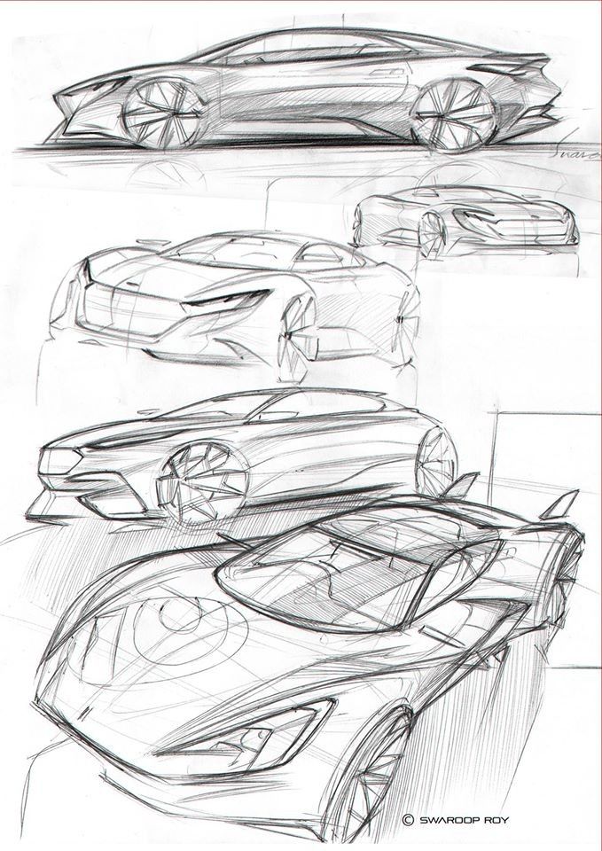 Concept car sketches showcasing sleek, futuristic designs with aerodynamic lines and detailed styling features.