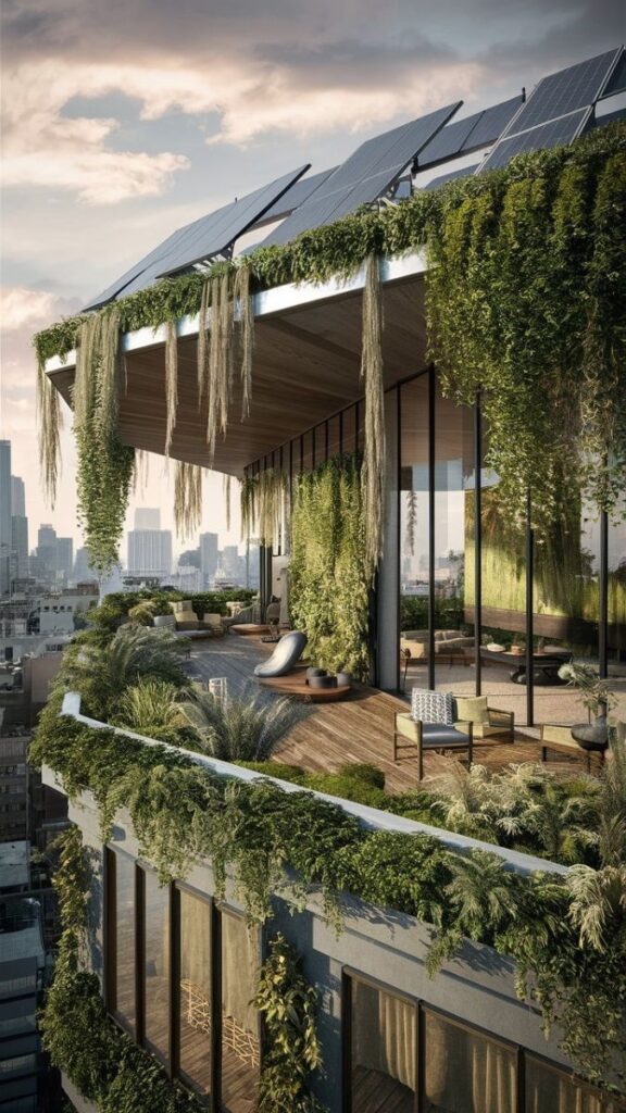 Modern eco-friendly rooftop terrace with solar panels and lush greenery overlooking cityscape at sunset.