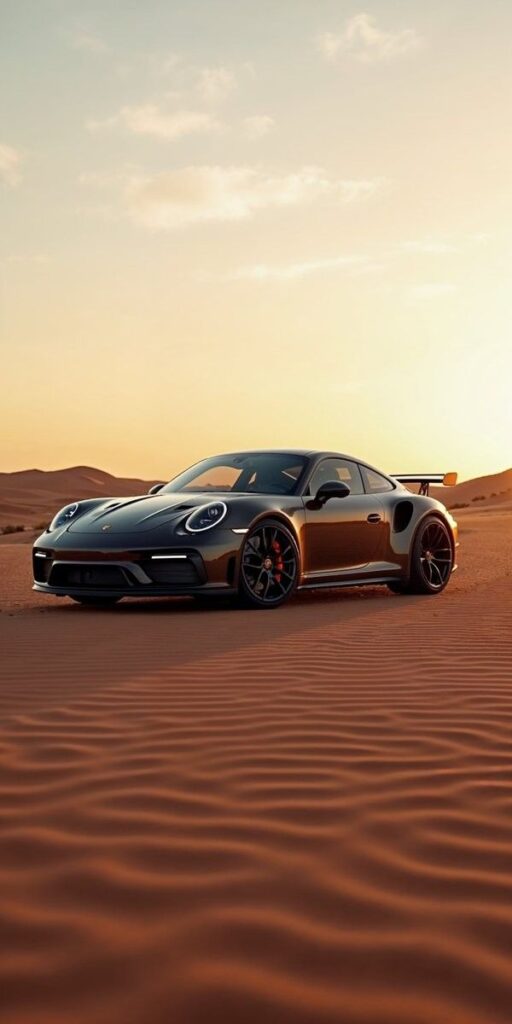 Sporty black car on sand dunes at sunset, showcasing sleek design and performance.