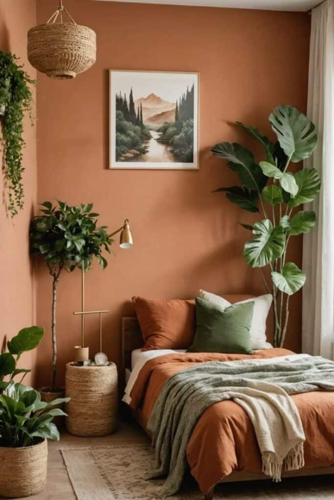 Cozy bedroom with terracotta walls, plants, and a landscape painting. Warm decor and natural lighting create a serene space.