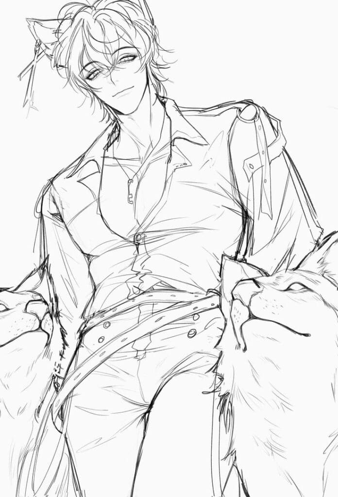 Anime character with cat ears, wearing a shirt and surrounded by two large cats, in a detailed sketch drawing.