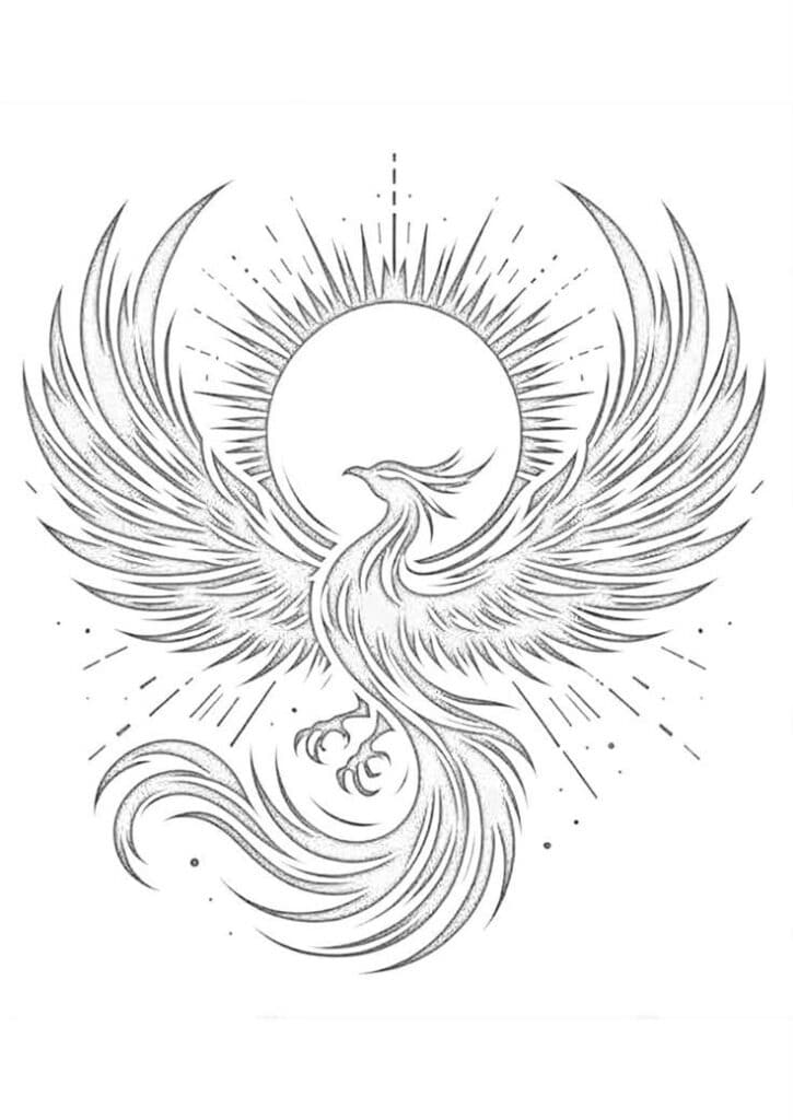 Illustration of a Phoenix rising with spread wings and a radiant sun in the background, symbolizing rebirth.