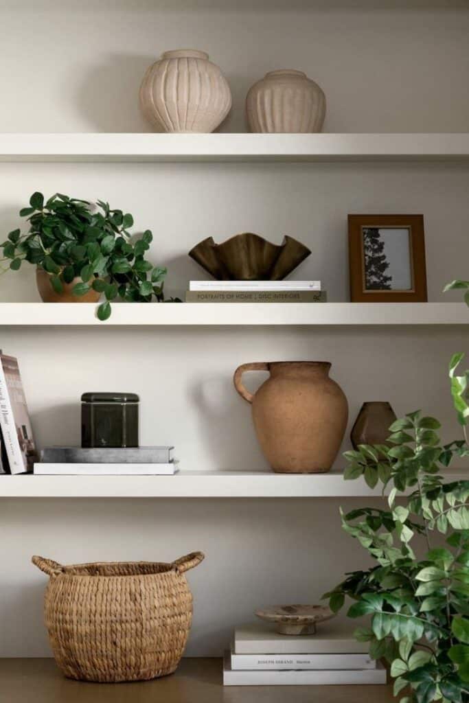 Minimalist shelf decor with plants, pottery, books, and a wicker basket for modern interior design inspiration.