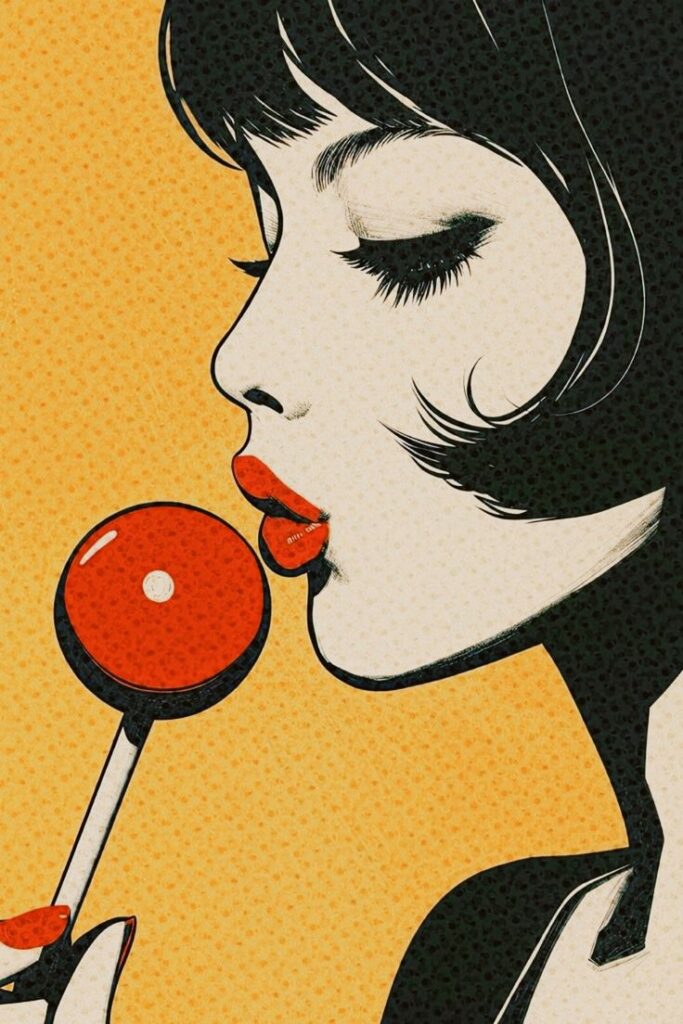 Pop art style woman with red lips and short hair, holding an orange lollipop against a yellow dotted background.