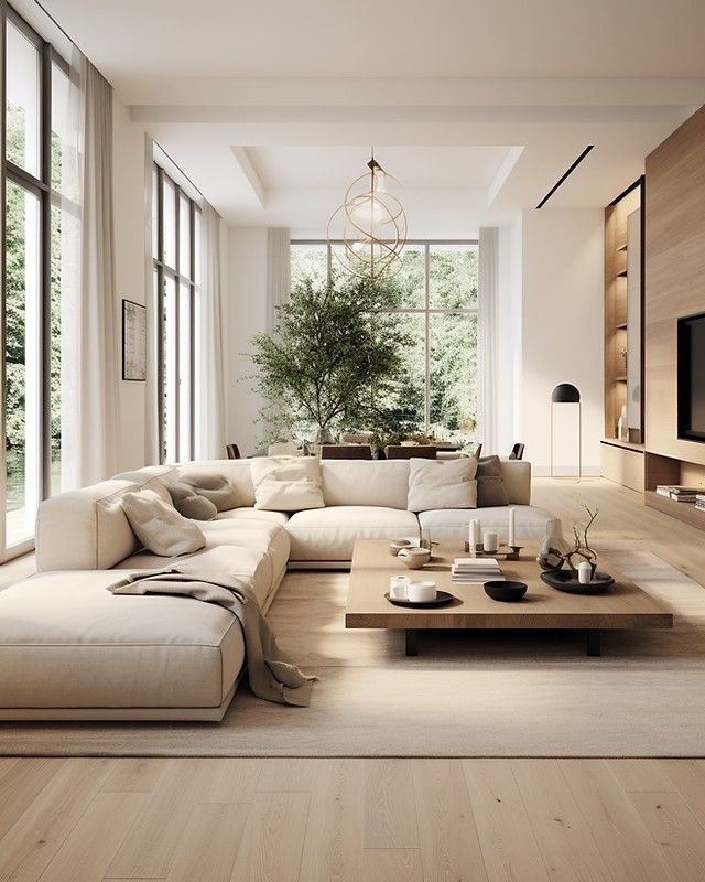 Modern living room with beige sectional sofa, wooden coffee table, and floor-to-ceiling windows overlooking greenery. interior design