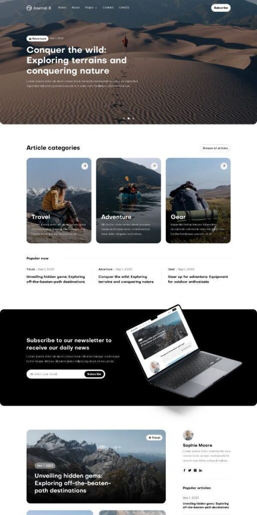 Outdoor adventure blog homepage featuring travel, exploration, and gear articles. Subscribe for updates.