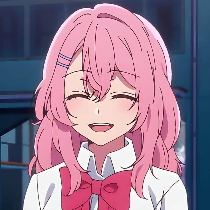 _ 2 Anime girl with pink hair and bow smiling in school setting. | Sky Rye Design Anime girl with pink hair and bow smiling in school setting.