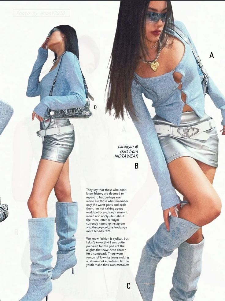 Woman in blue cardigan and silver skirt with matching knee-high boots, posing fashionably. Retro Y2K style.
