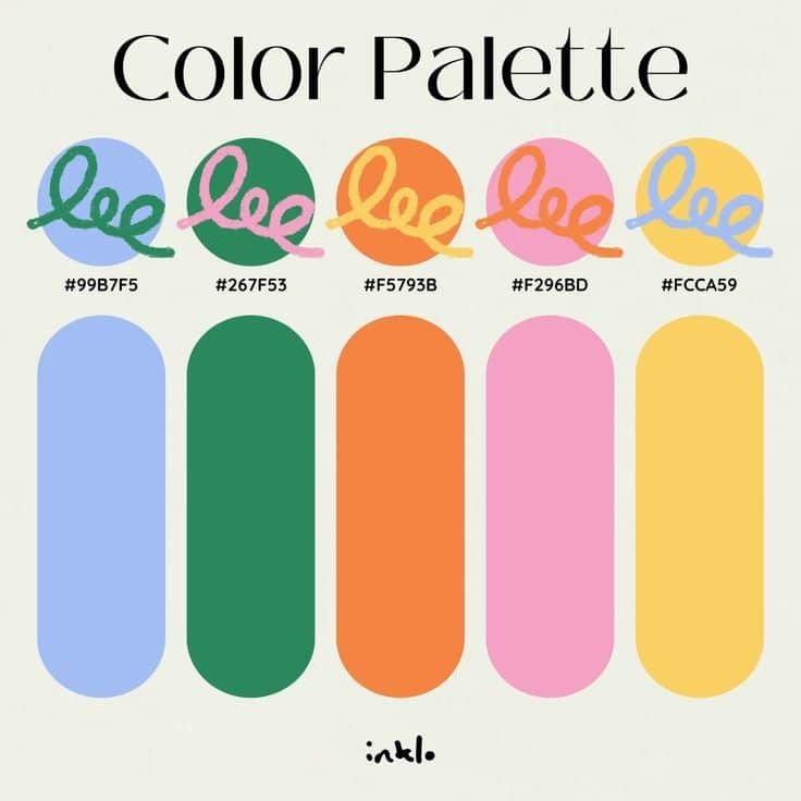 Color palette with shades of blue, green, orange, pink, and yellow. Hex codes: #99B7F5, #267F53, #F5793B, #F296BD, #FCCA59. Color palette