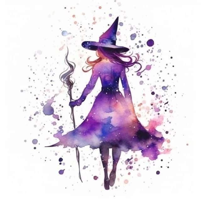 Watercolor illustration of a witch in a purple gown holding a staff, surrounded by colorful splashes.