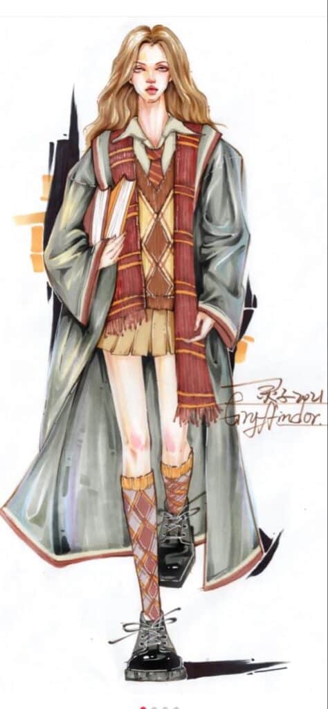 Illustration of a fashionable student in Gryffindor-inspired attire, holding a book and wearing a robe and scarf.