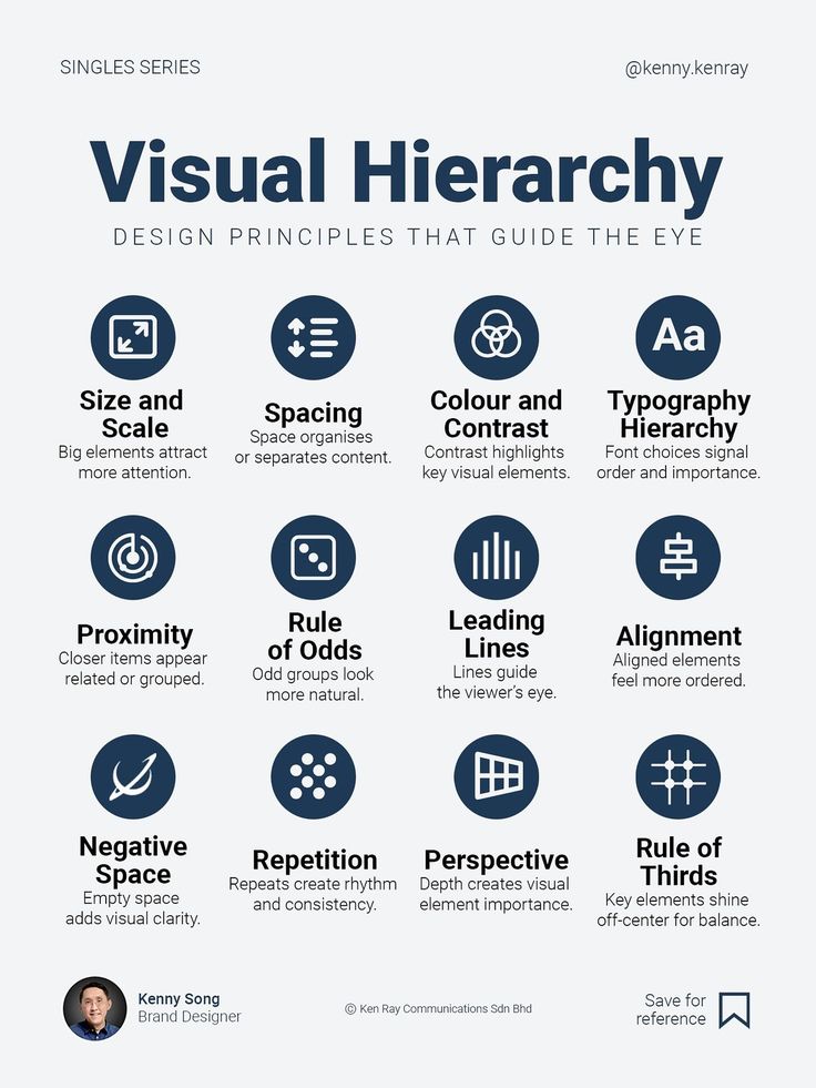 Infographic on visual hierarchy: design principles like size, spacing, contrast, proximity, alignment, and perspective.