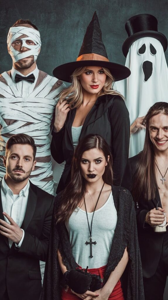 Group in Halloween costumes: mummy, witch, ghost, vampire, and undead, posing in front of a dark backdrop.