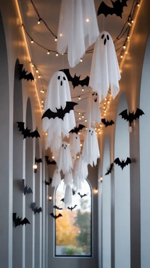 Halloween corridor with ghost and bat decorations, hanging lights, creating a spooky festive atmosphere.