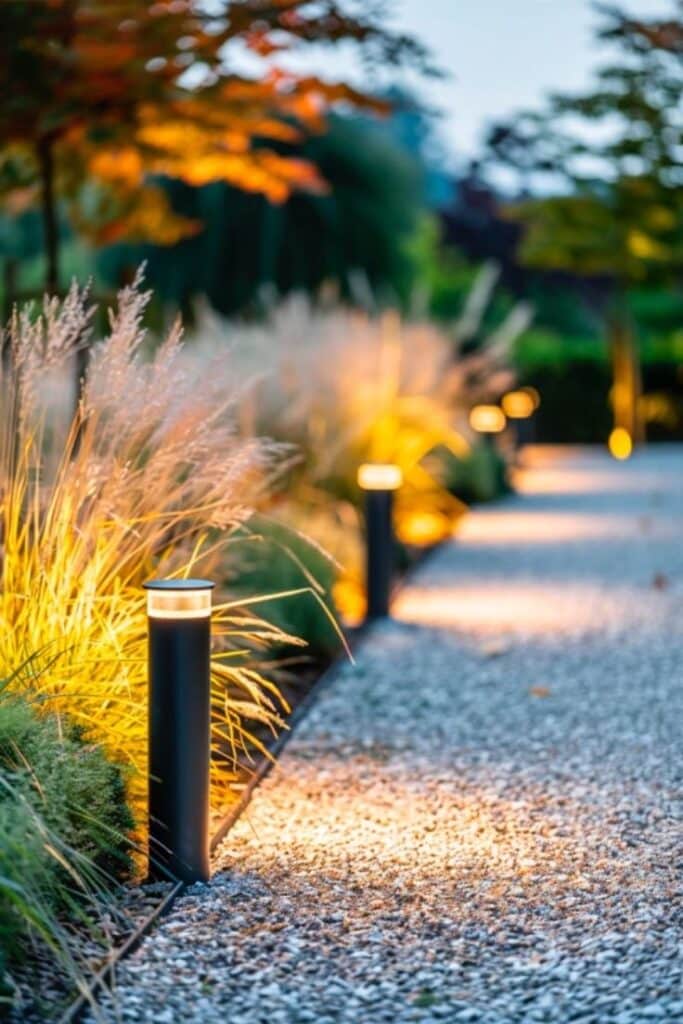 Illuminated garden path with modern bollard lights highlighting ornamental grass and trees at dusk.