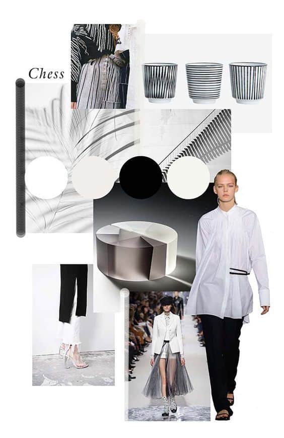 Fashion collage with black and white outfits, striped cups, and abstract designs for a modern chic aesthetic.