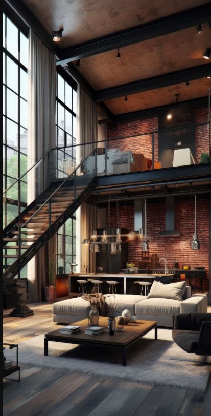 Modern industrial loft with brick walls, large windows, cozy living area, and stylish kitchen.