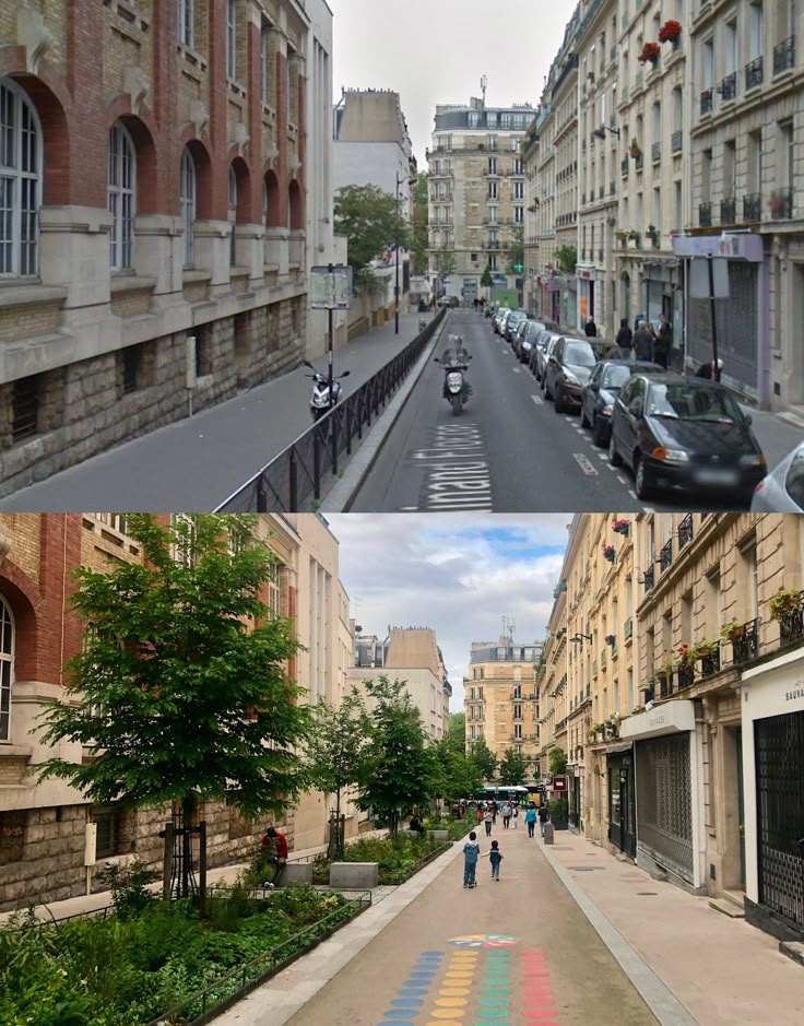 Urban street transformation with greenery and pedestrian-friendly design, before and after views.