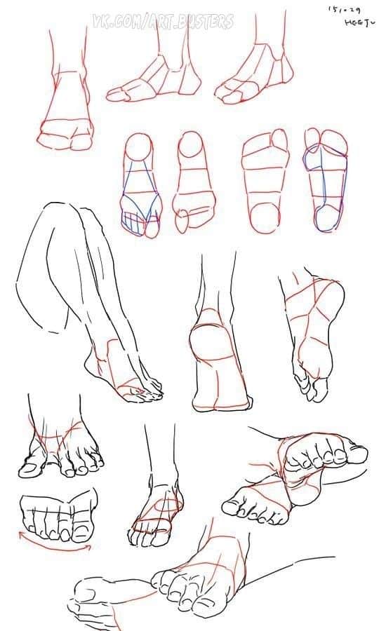Feet sketch anatomy guide with various poses and perspectives, highlighting structure and proportion for artists.