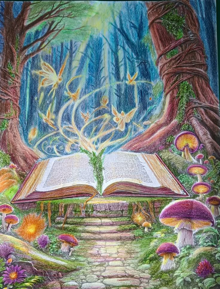 Open magical book in an enchanted forest, surrounded by glowing fairies and mushrooms. Mystical scene of fantasy and wonder.