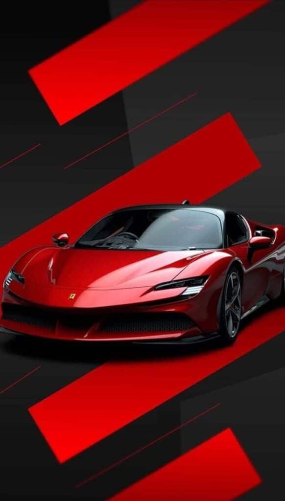 Sleek red sports car on a dynamic black and red geometric background, showcasing modern automotive design.