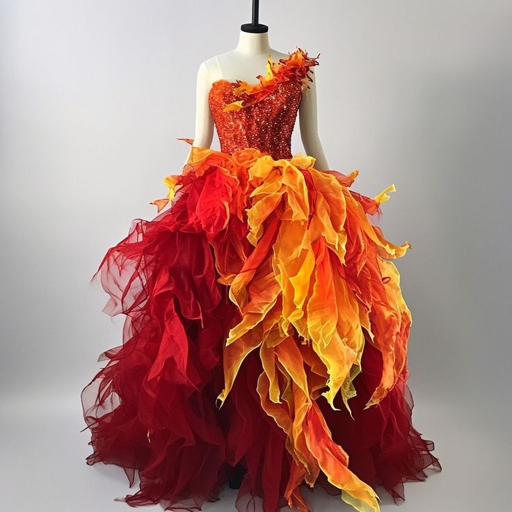 Fiery ball gown with red and orange ruffles, resembling flames, displayed on a mannequin.