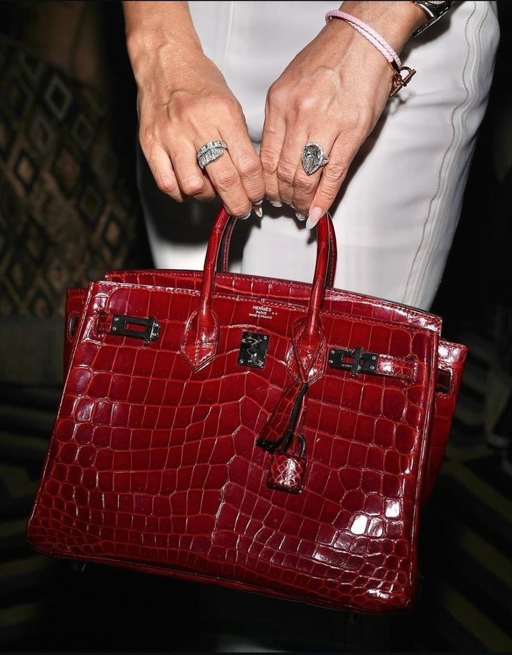 Person holding a luxurious red crocodile leather handbag with ornate rings, showcasing elegance and style.